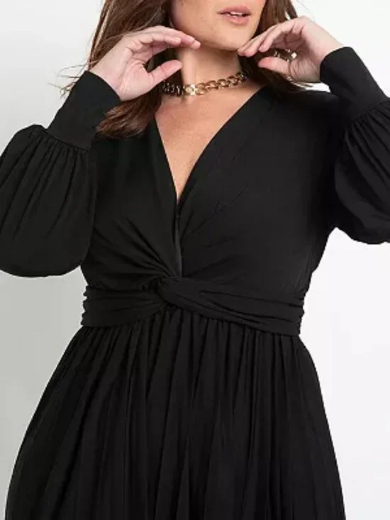 ELOQUII Plus Size Knot Front Pleated Skirt Dress Black 16 - Picture 2 of 11